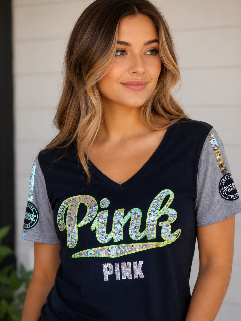 ✨PINK by Victoria’s Secret Black Bling Logo V-Neck Tee | Gray Sleeve Accent✨